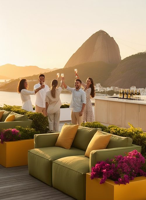 People toasting with champagne on a luxury rooftop terrace with Sugarloaf Mountain at sunset