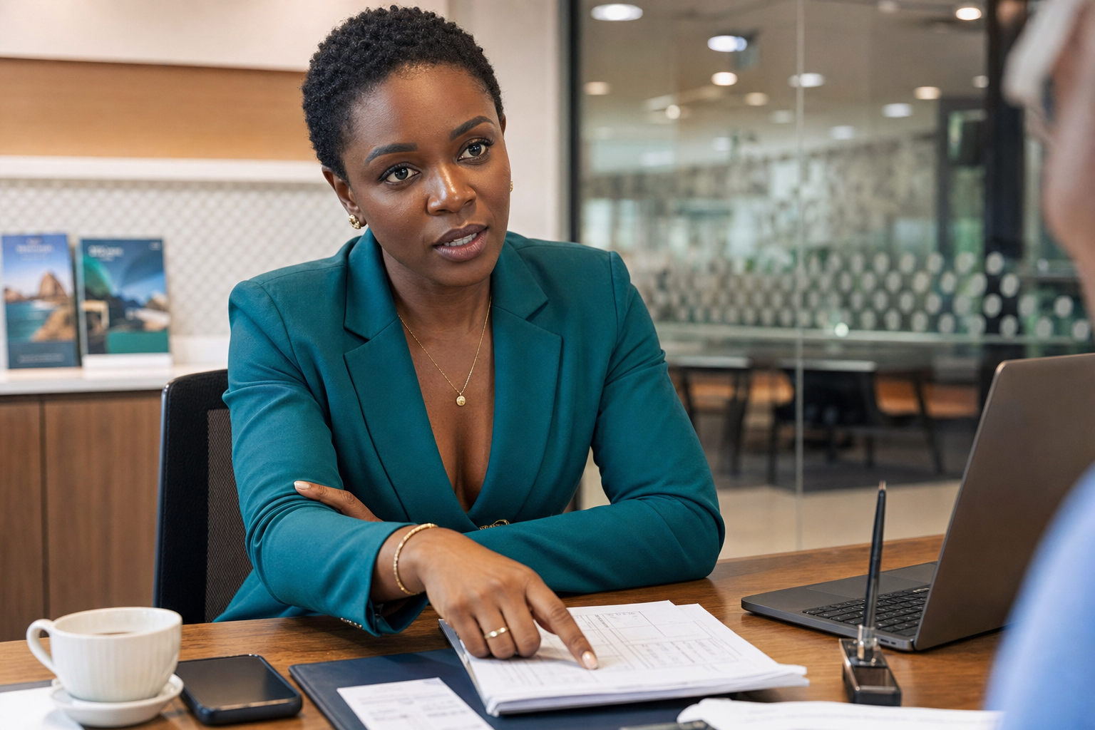Advisor reviewing banking documents for opening financial life in Brazil