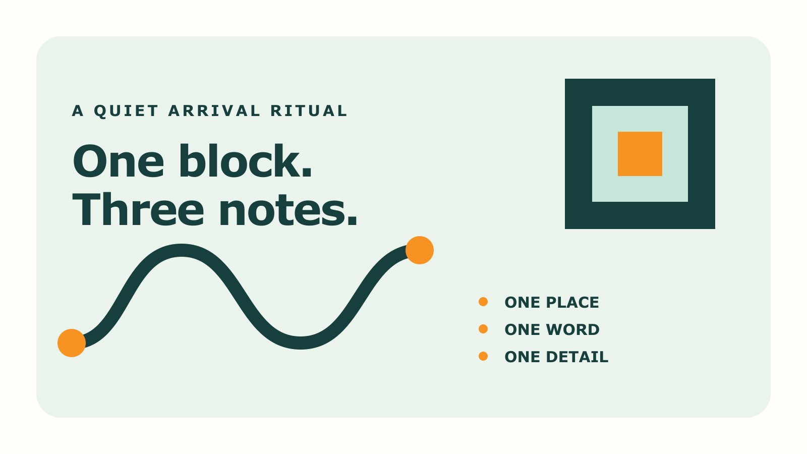 A text-led abstract route on a pale green field connects two orange points beside the prompts: one place, one word, one detail.